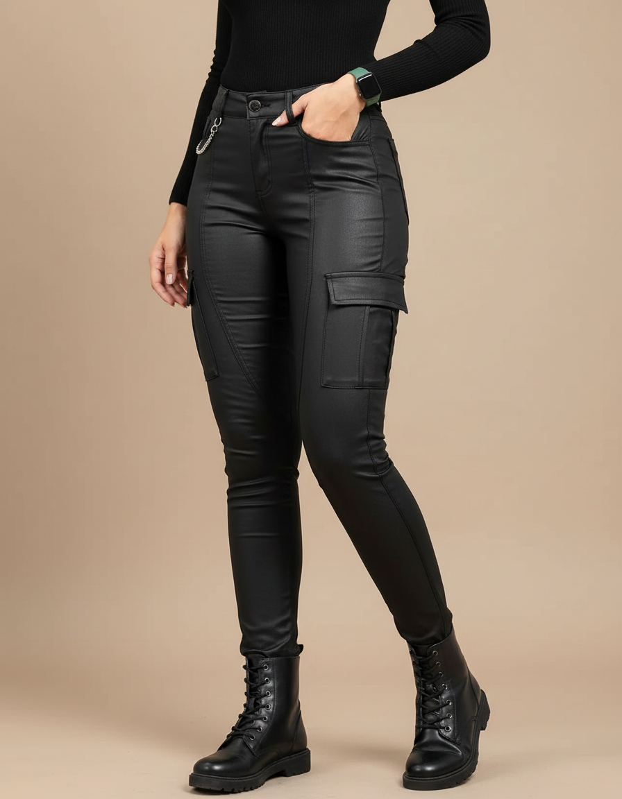 Pantalon Cargo Noir Similicuir Skinny Poches Latérales - Simili cuir