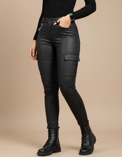 Pantalon Cargo Noir Similicuir Skinny Poches Latérales - Simili cuir