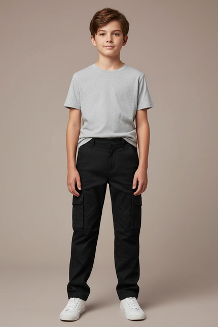 Pantalon Cargo Noir Coton Multipoches Décontracté Garçon