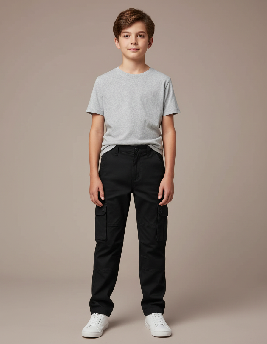 Pantalon Cargo Noir Coton Multipoches Décontracté Garçon