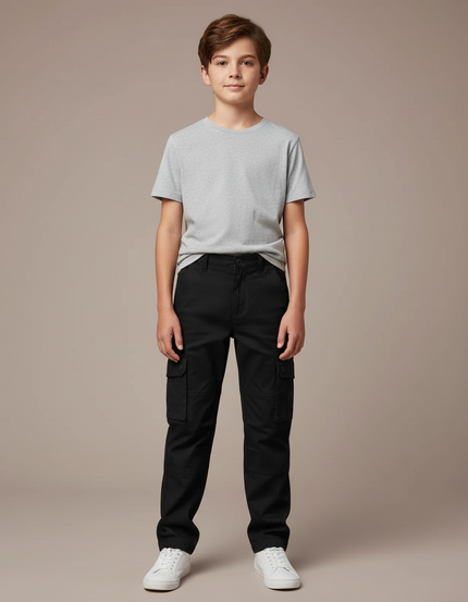 Pantalon Cargo Noir Coton Multipoches Décontracté Garçon