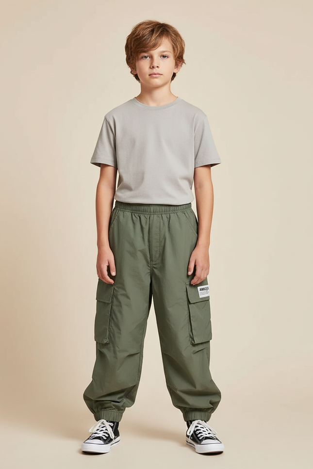 Pantalon Cargo Vert Ample Décontracté Multipoches Enfant - Kaki Polyester