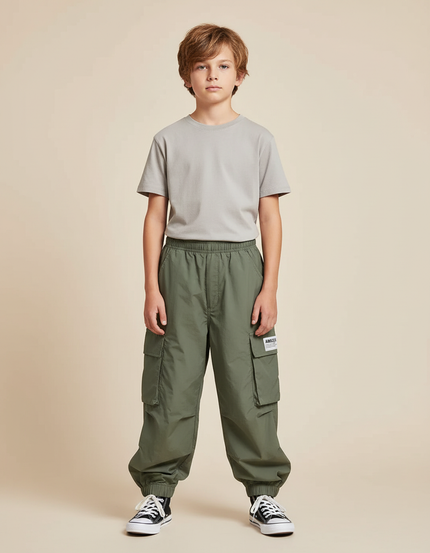 Pantalon Cargo Vert Ample Décontracté Multipoches Enfant - Kaki Polyester