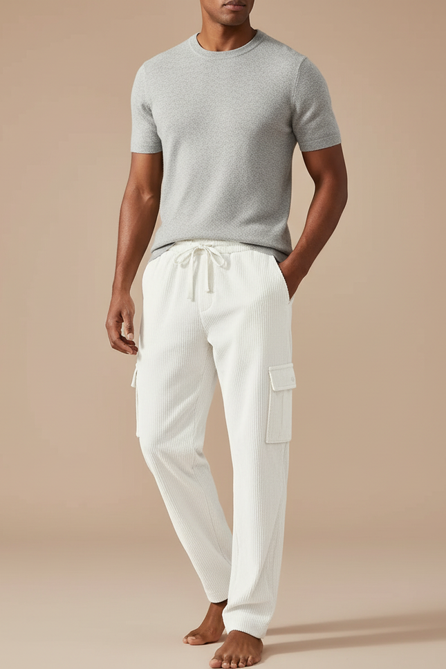 Pantalon Cargo Droit En Velours Côtelé - Blanc Cordé