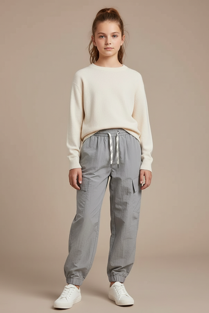 Pantalon Cargo Gris Clair Ample Cordon Fille - Polyester