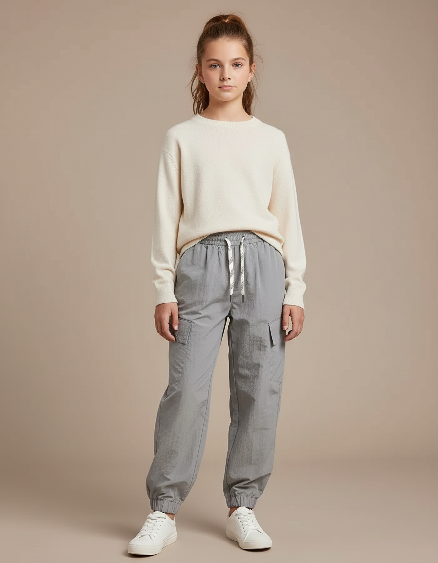 Pantalon Cargo Gris Clair Ample Cordon Fille - Polyester