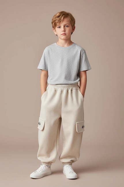 Pantalon Cargo Enfant Beige Velours Ample Décontracté - Molleton
