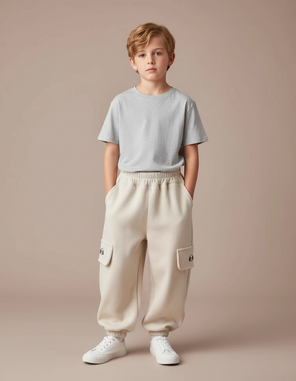 Pantalon Cargo Enfant Beige Velours Ample Décontracté - Molleton