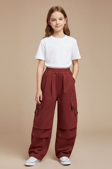 Pantalon Cargo Ample Bordeaux Multipoches Enfant - Molleton
