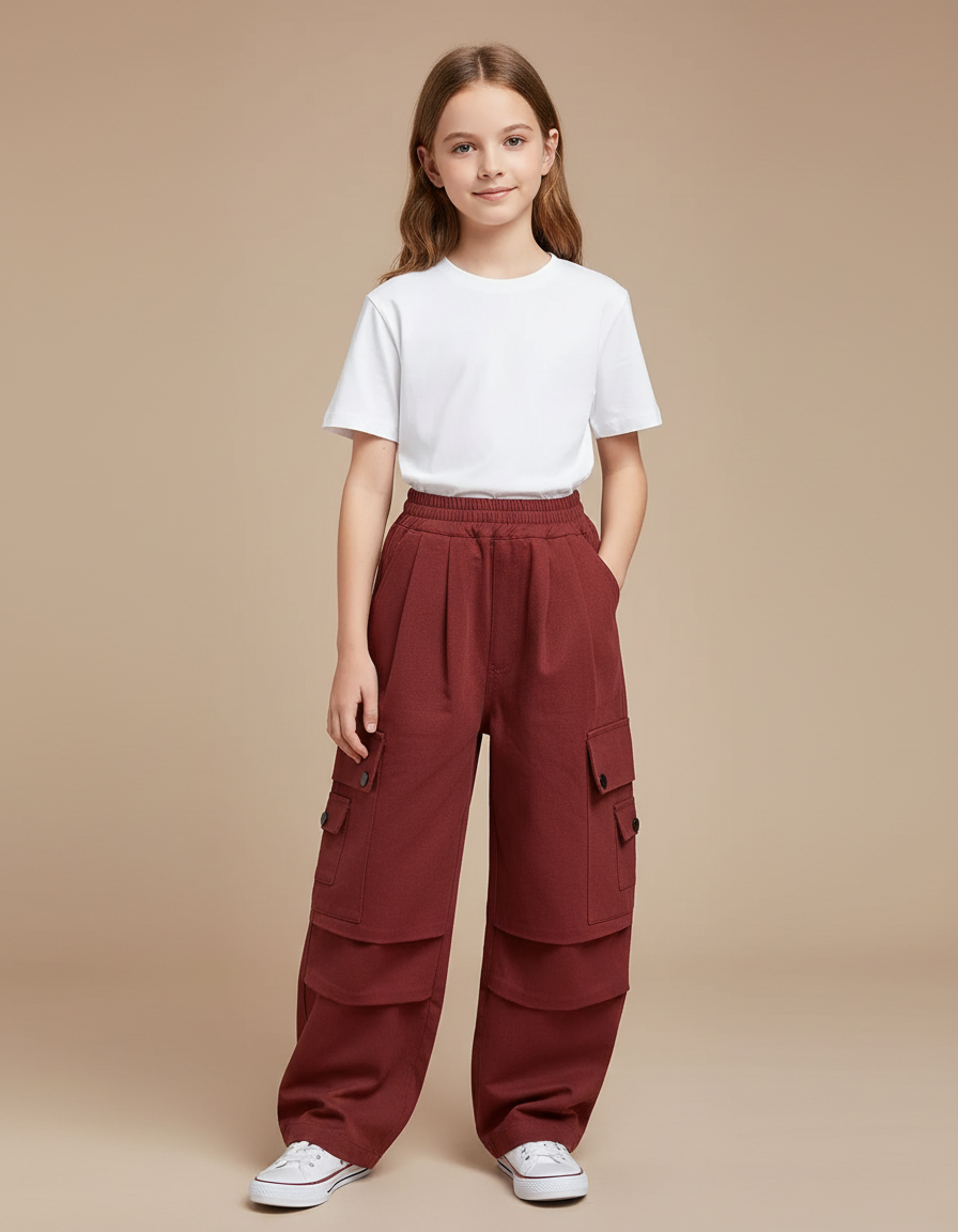 Pantalon Cargo Ample Bordeaux Multipoches Enfant - Molleton