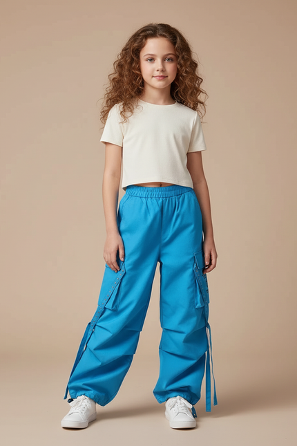 Pantalon Cargo Bleu Ample Fille Multipoches - Toile