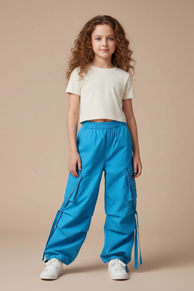 Pantalon Cargo Bleu Ample Fille Multipoches - Toile