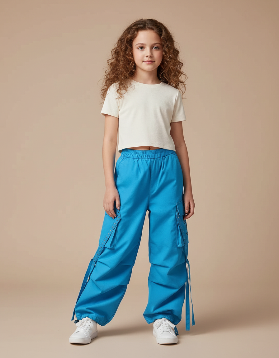 Pantalon Cargo Bleu Ample Fille Multipoches - Toile
