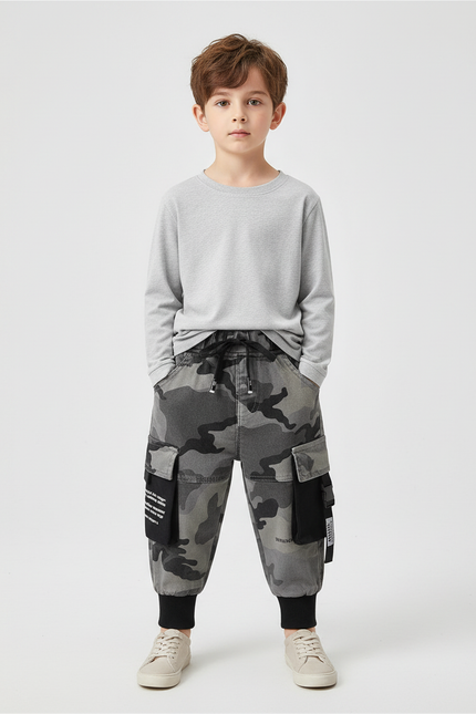 Pantalon Cargo Camouflage Gris Ample Enfant Streetwear - Jean