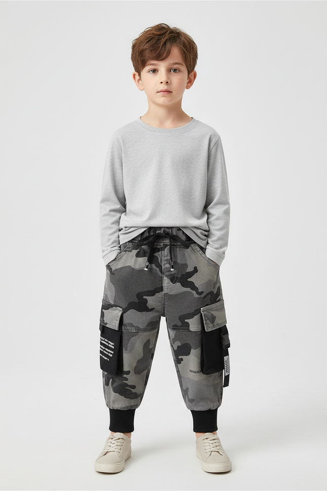 Pantalon Cargo Camouflage Gris Ample Enfant Streetwear - Jean