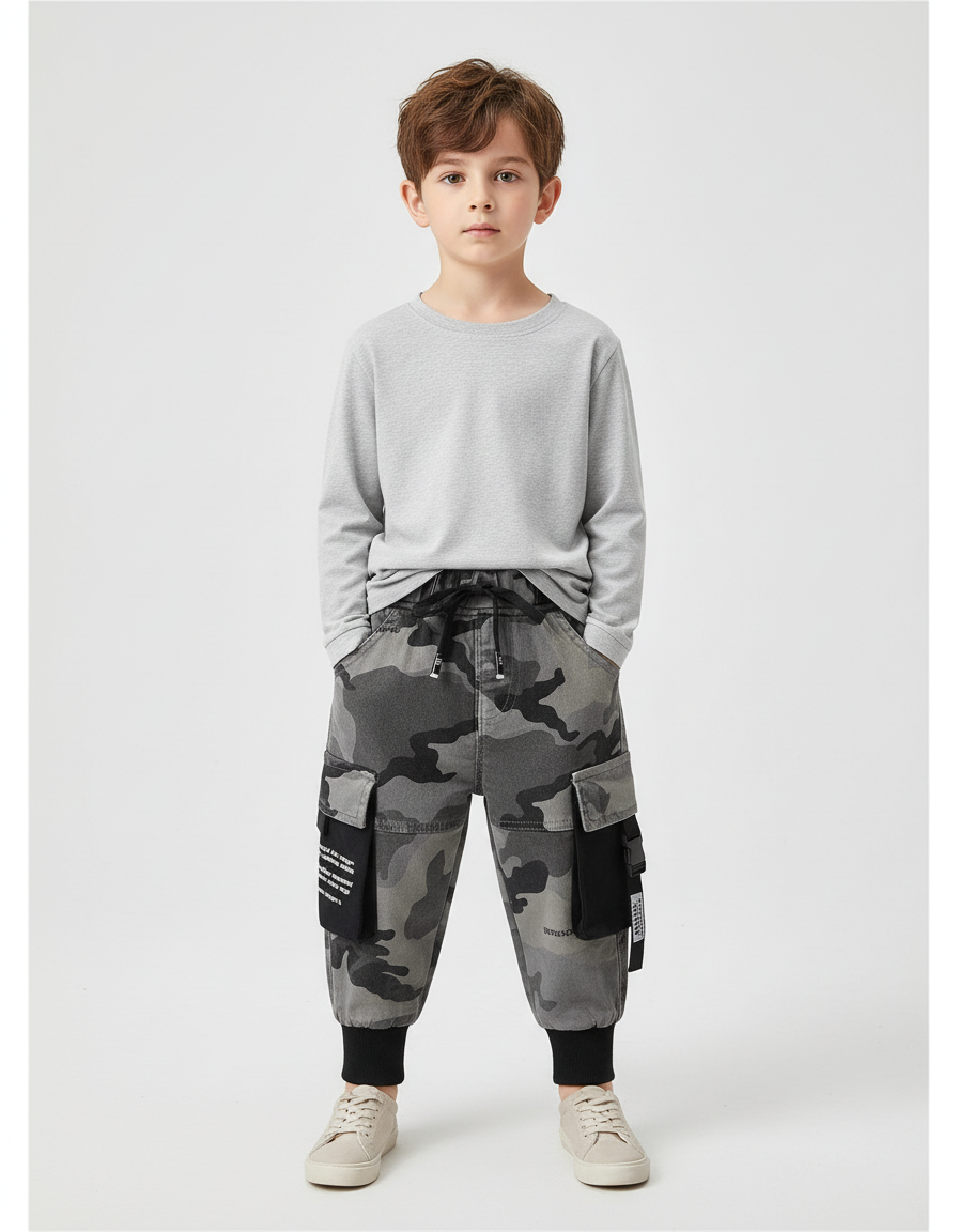 Pantalon Cargo Camouflage Gris Ample Enfant Streetwear - Jean