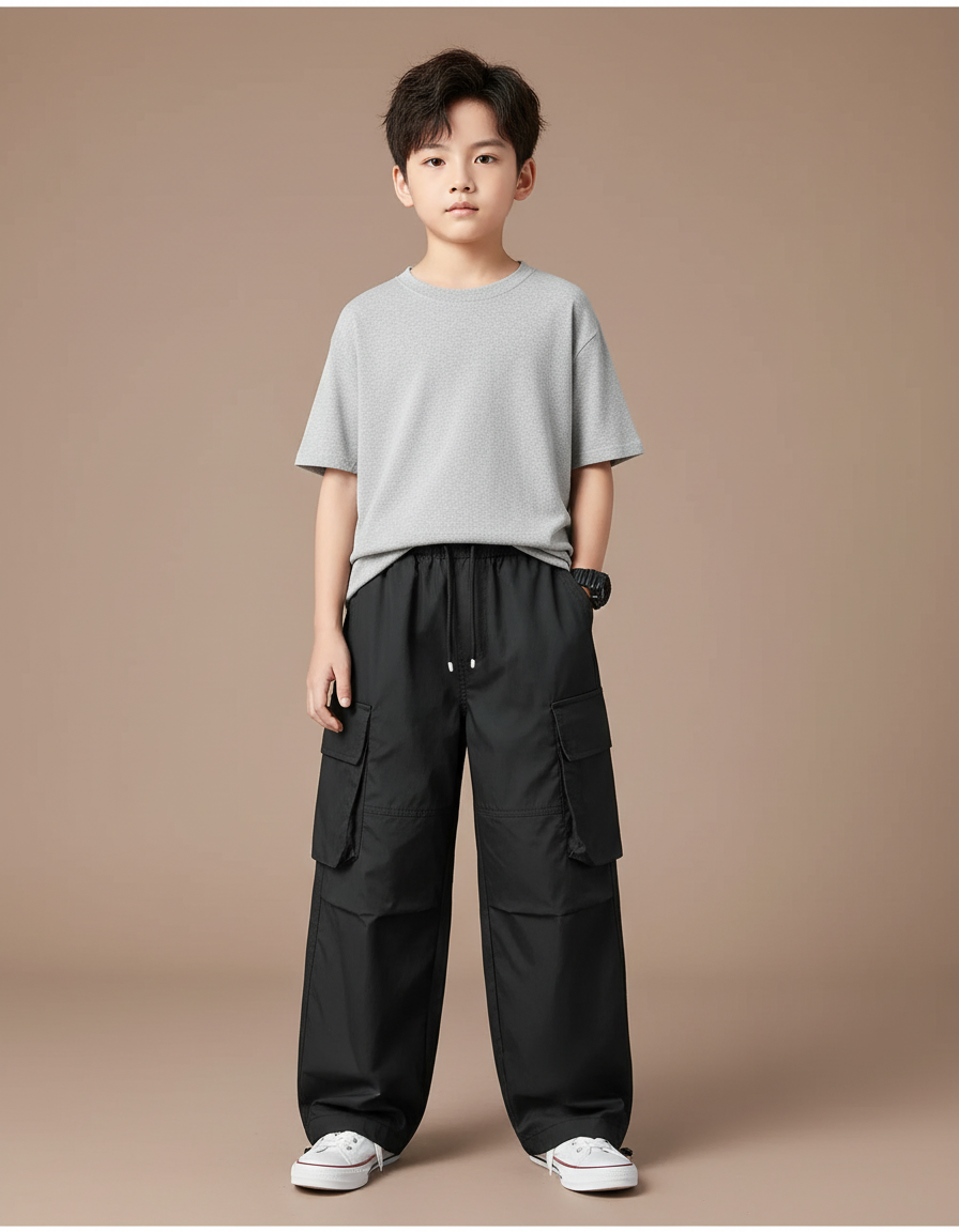 Pantalon Cargo Noir Ample Coton Sport Enfant