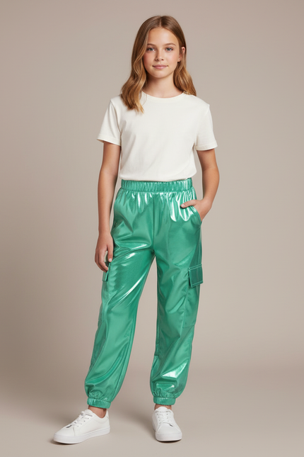 Pantalon Cargo Métallisé Vert Brillant Fille - Polyester