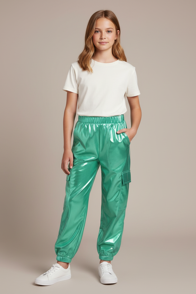 Pantalon Cargo Métallisé Vert Brillant Fille - Polyester