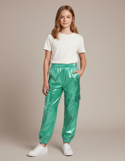Pantalon Cargo Métallisé Vert Brillant Fille - Polyester