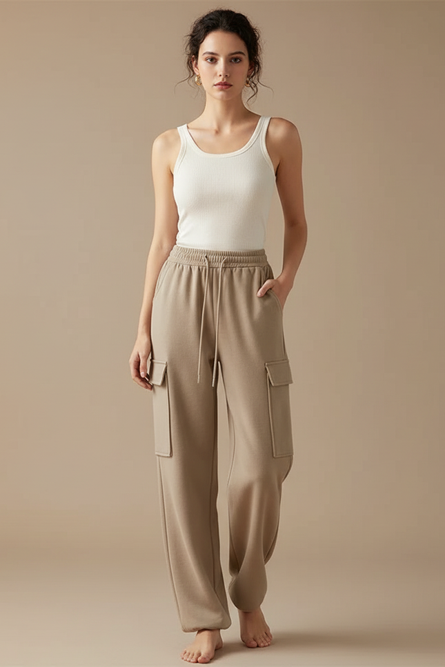 Pantalon Cargo Beige Ample Molletonné Femme