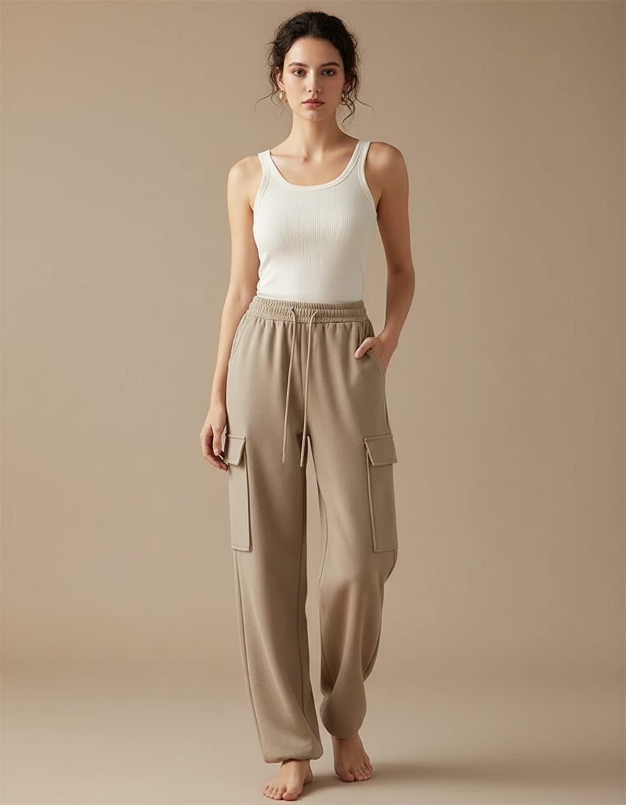 Pantalon Cargo Beige Ample Molletonné Femme