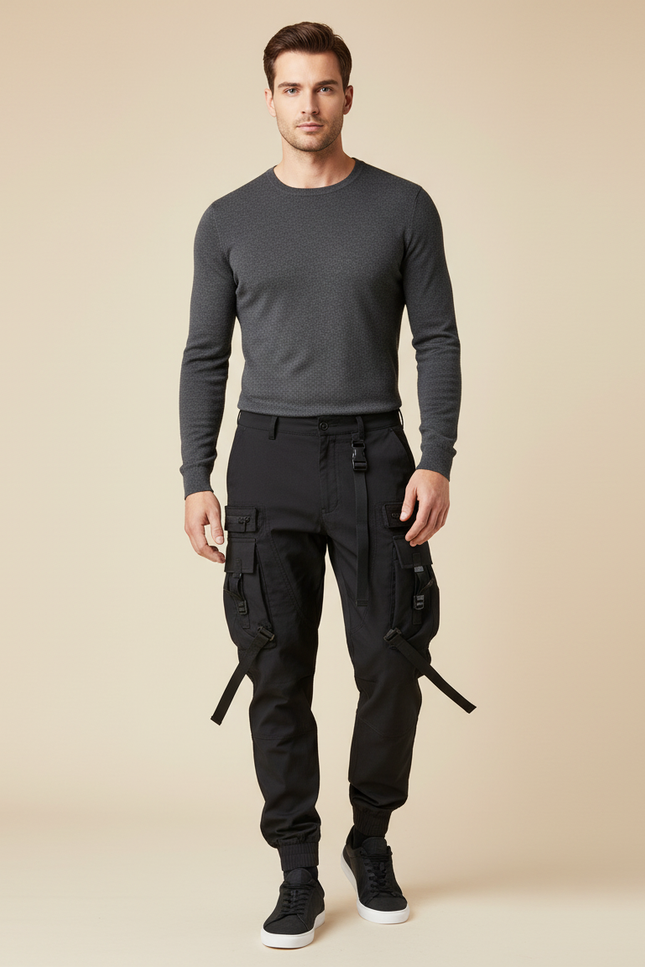 Pantalon Cargo Noir Tactique Multipoches Ajusté Homme - Toile