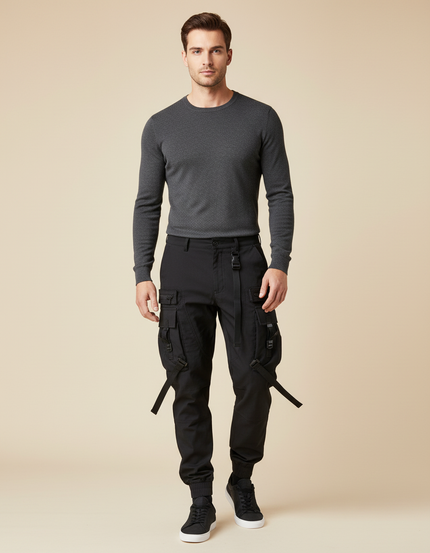 Pantalon Cargo Noir Tactique Multipoches Ajusté Homme - Toile