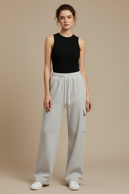 Pantalon Cargo Gris Ample Molletonné Sportif Femme