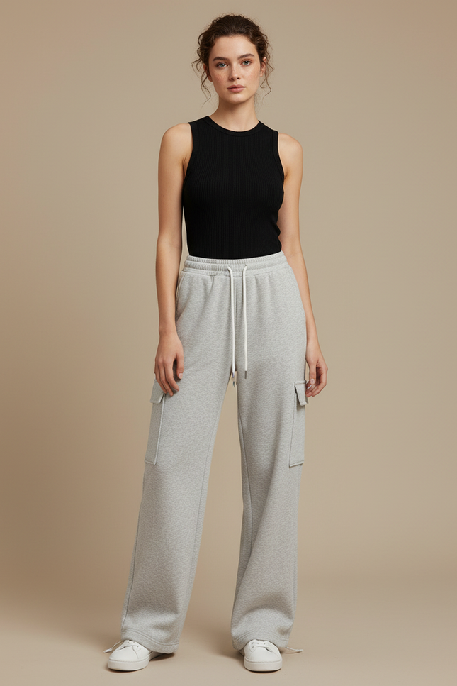 Pantalon Cargo Gris Ample Molletonné Sportif Femme