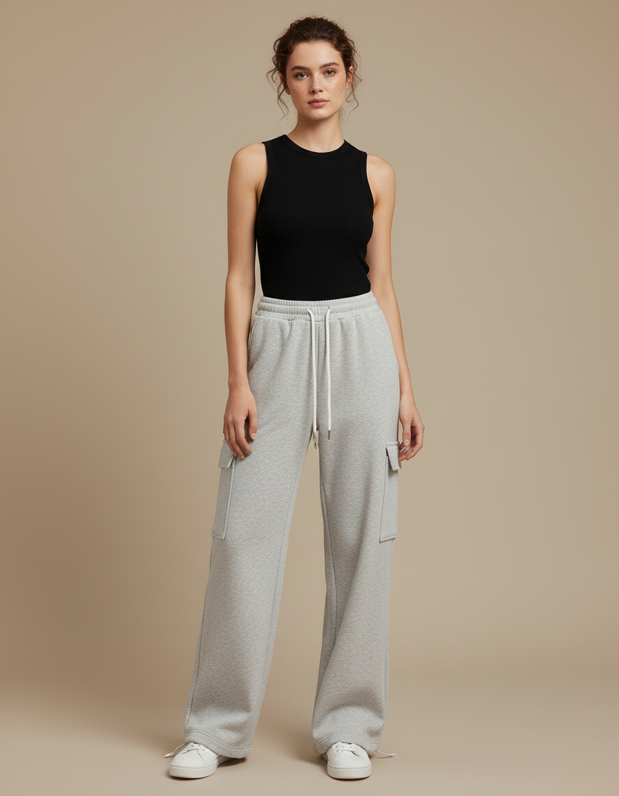 Pantalon Cargo Gris Ample Molletonné Sportif Femme