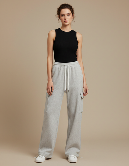 Pantalon Cargo Gris Ample Molletonné Sportif Femme