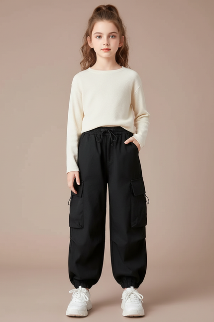 Pantalon Cargo Noir Ample Décontracté Fille Streetwear - Polyester