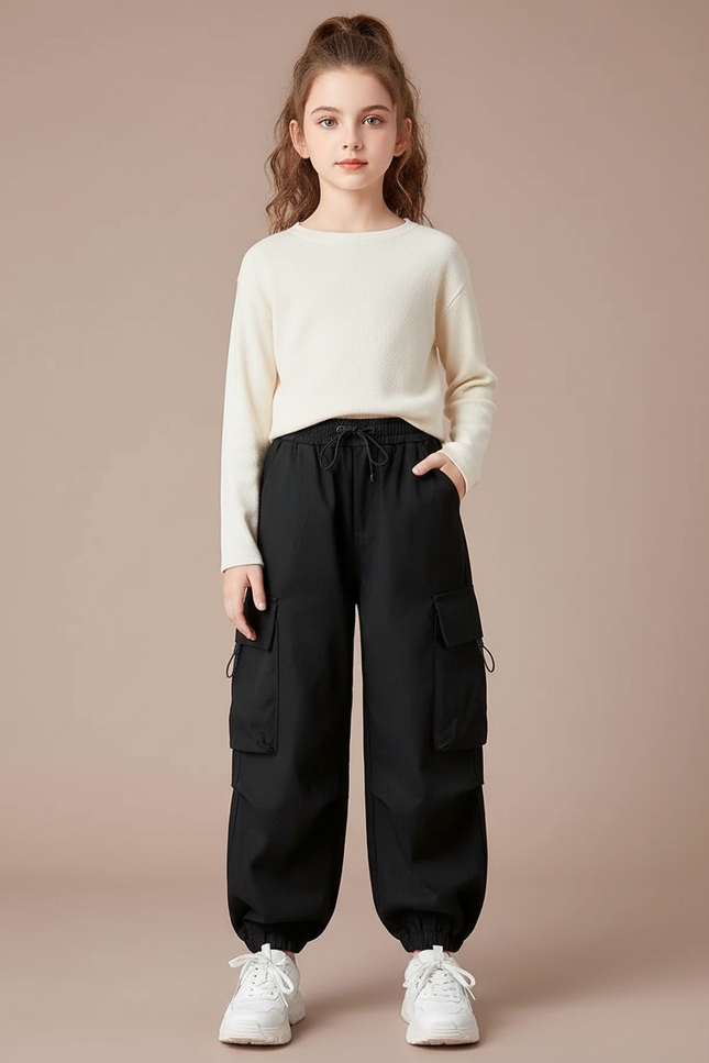 Pantalon Cargo Noir Ample Décontracté Fille Streetwear - Polyester