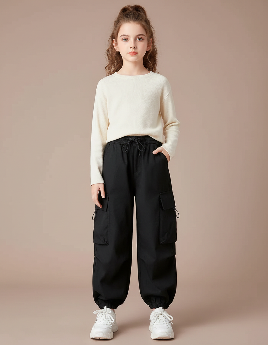 Pantalon Cargo Noir Ample Décontracté Fille Streetwear - Polyester