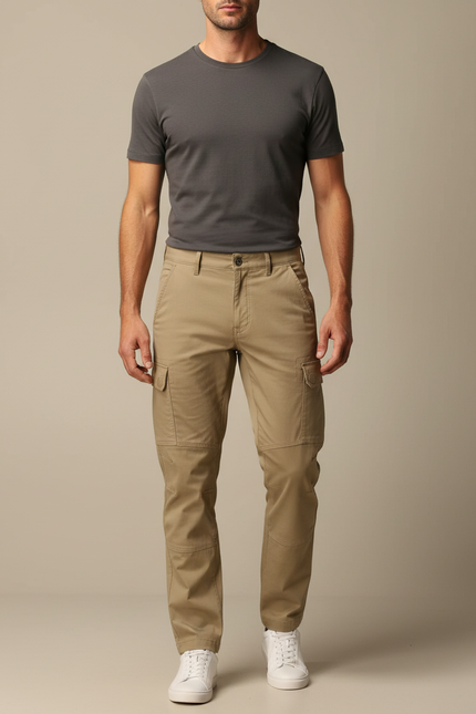 Pantalon Cargo Beige Homme Coton Multipoches Décontracté