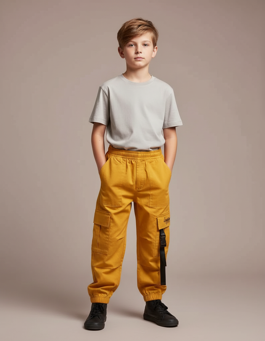 Pantalon Cargo Jaune Ample Coton Garçon Poches