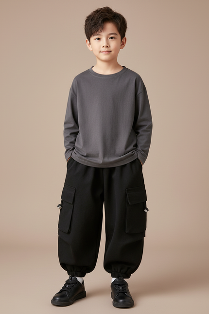 Pantalon Cargo Noir Ample Garçon Décontracté Molletonné