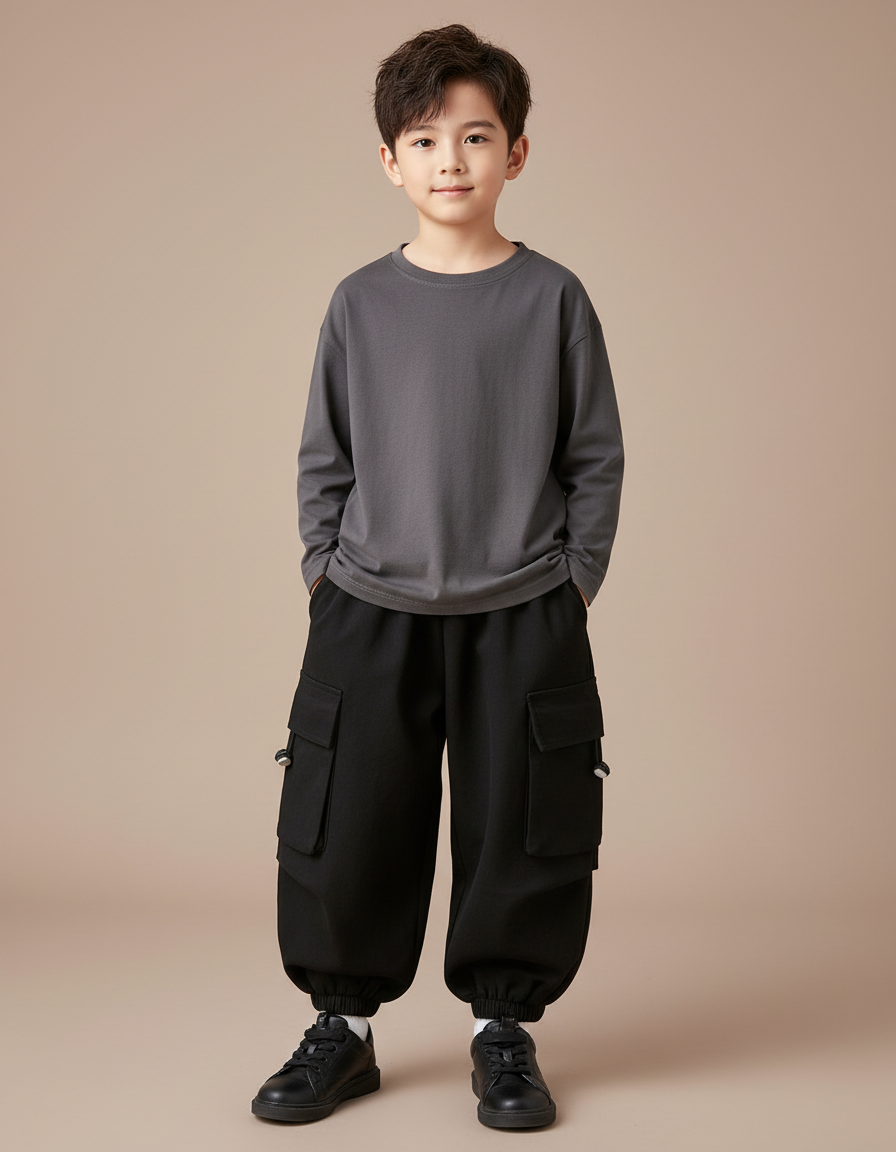 Pantalon Cargo Noir Ample Garçon Décontracté Molletonné