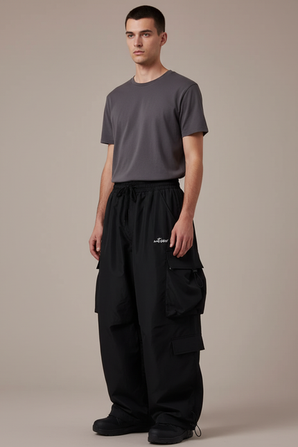 Pantalon Cargo Noir Ample Imperméable Multi-Poches Homme - Polyester