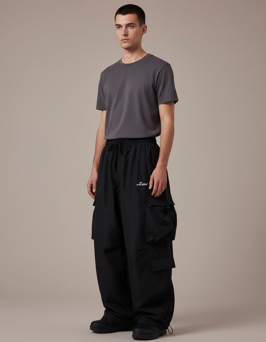 Pantalon Cargo Noir Ample Imperméable Multi-Poches Homme - Polyester