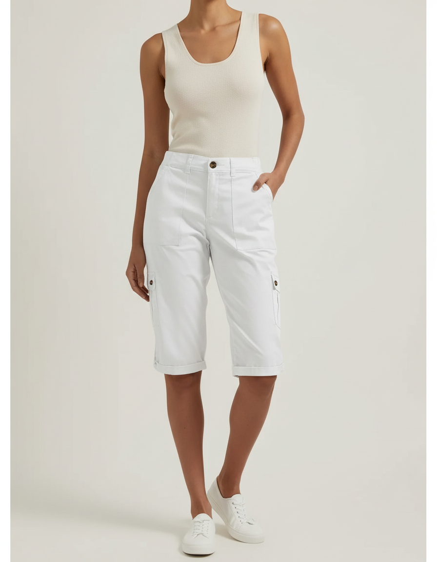 Pantalon Cargo Blanc Coupe Droite Coton Femme - Toile
