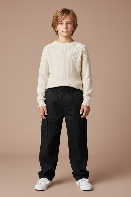 Pantalon Cargo Noir Ample Multipoches Garçon Coton - Toile