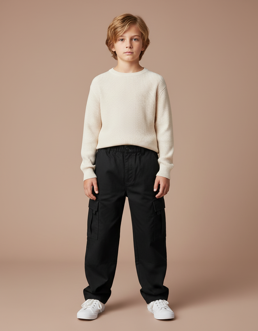 Pantalon Cargo Noir Ample Multipoches Garçon Coton - Toile