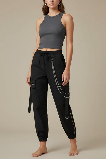 Pantalon Cargo Chaine Femme - Noir Gabardine