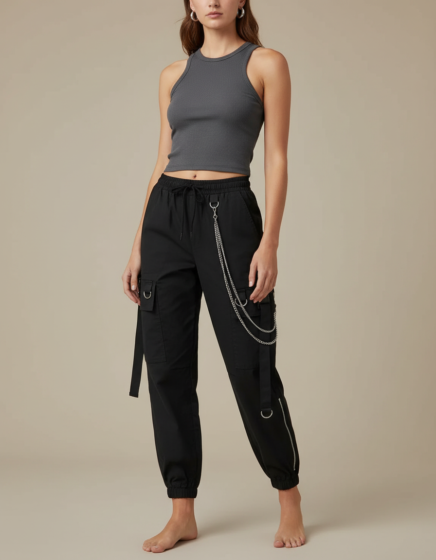 Pantalon Cargo Chaine Femme - Noir Gabardine