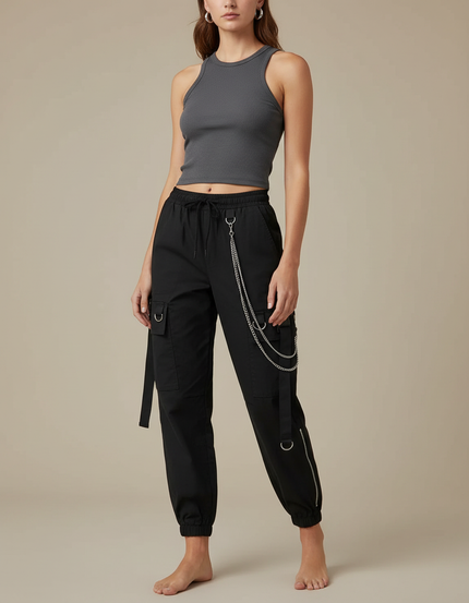 Pantalon Cargo Chaine Femme - Noir Gabardine