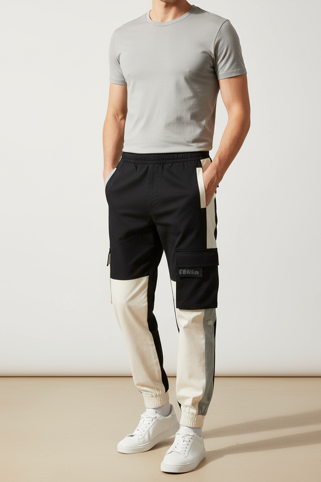 Pantalon Cargo Bicolore Ample Homme Décontracté Cordon - Multicolore Polyester