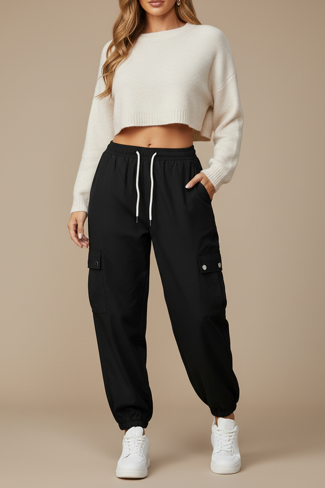 Pantalon Cargo Noir Décontracté Cordon Taille Haute Femme - Polyester