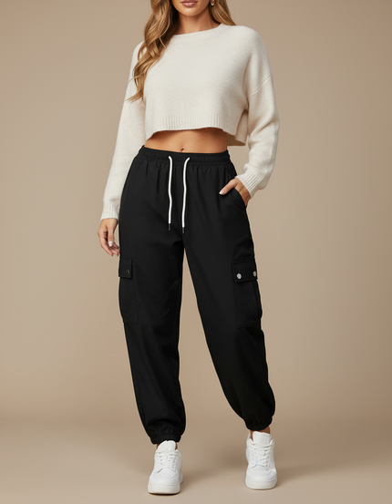 Pantalon Cargo Noir Décontracté Cordon Taille Haute Femme - Polyester